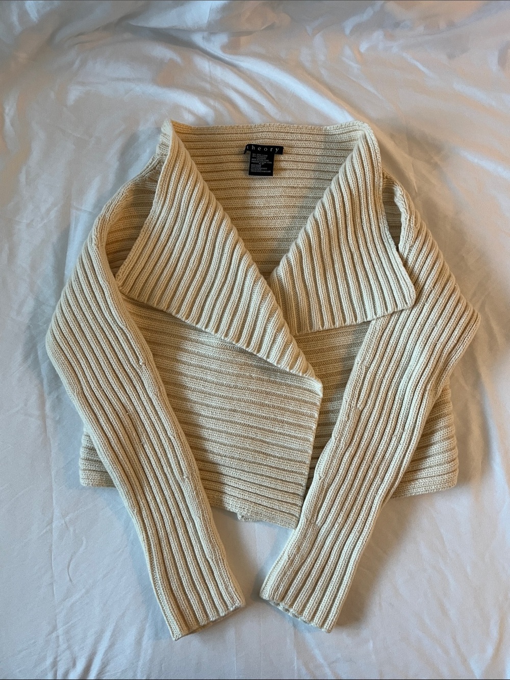 Theory Wool Cashmere Cream Ivory Off White Open-Front Funnel Neck Cardigan
